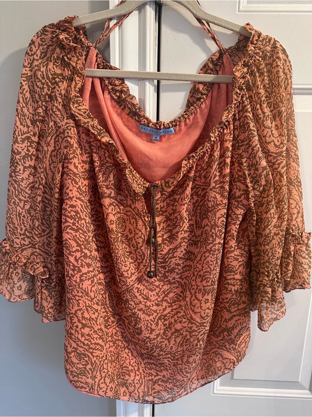 ANTONIO MELANI Coral and Brown Printed Boho Peasant Blouse